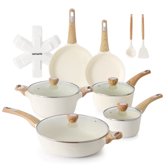SENSARTE 19-Piece Ceramic Pots and Pans Set, White Nonstick Cookware Set, Healthy Kitchen Cooking Sets with Stay-Cool Handles, Induction Compatible, Stackable