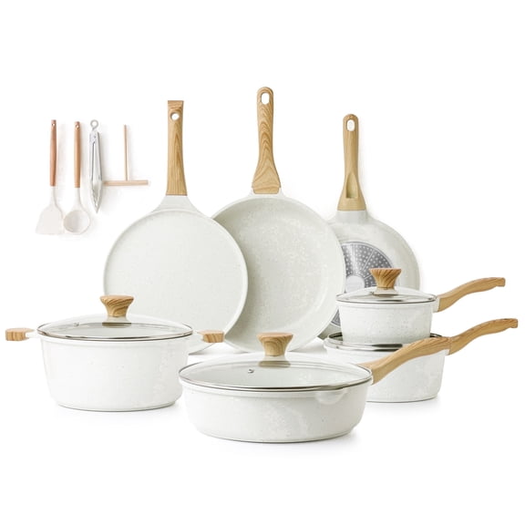 SENSARTE 23-Piece Ceramic Pots and Pans Set, White Induction Nonstick Cookware Set, Healthy Kitchen Cooking Sets with Stay-Cool Handles, Stackable