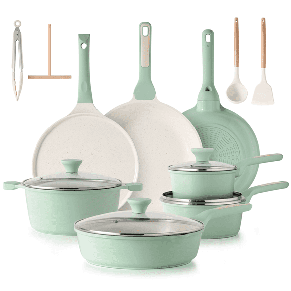 SENSARTE 23-Piece Ceramic Pots and Pans Set, Green Induction Nonstick Cookware Set, Healthy Kitchen Cooking Sets with Stay-Cool Handles, Dishwasher Safe, Stackable