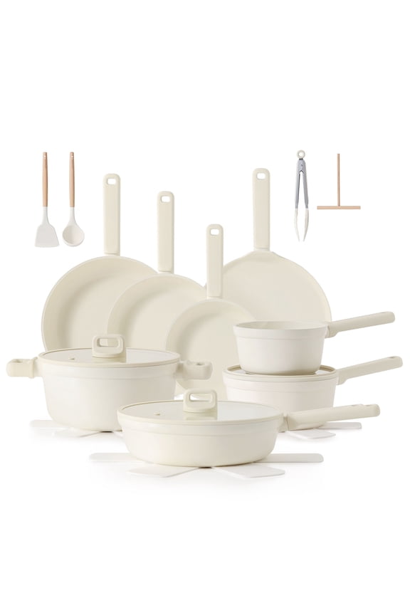 Ceramic Nonstick Pots and Pans Set, 24Pcs Healthy Non Stick Cookware Set with Pots Protectors, Induction Kitchen Cookware Sets White