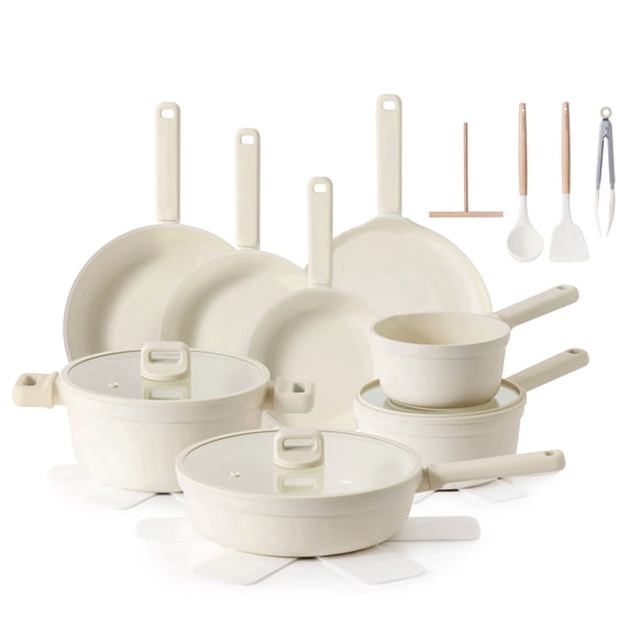 SENSARTE 24-Piece Ceramic Pots and Pans Set, White Induction Nonstick Cookware Set, Healthy Kitchen Cooking Sets with Stay-Cool Handles, Dishwasher Safe, Stackable