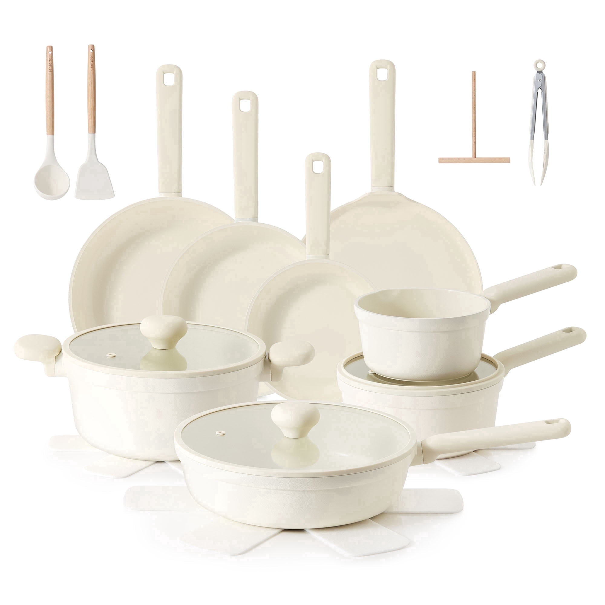 SENSARTE Ceramic Nonstick Pots and Pans Set, 24Pcs Healthy Non Stick Cookware Set with Pots Protectors, Induction Kitchen Cookware Sets Cream White