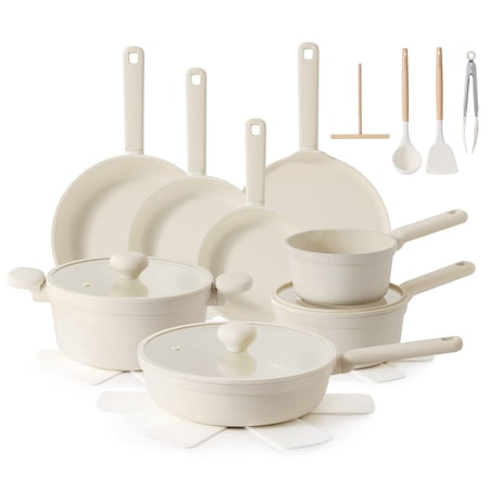 SENSARTE 24-Piece Ceramic Pots and Pans Set, Cream White Induction Nonstick Cookware Set, Healthy Kitchen Cooking Sets with Stay-Cool Handles, Dishwasher Safe, Stackable