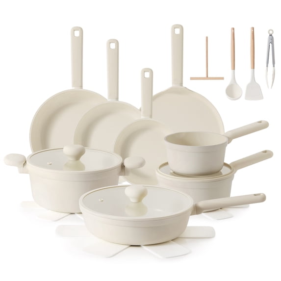 SENSARTE 24-Piece Ceramic Pots and Pans Set, Cream White Induction Nonstick Cookware Set, Healthy Kitchen Cooking Sets with Stay-Cool Handles, Dishwasher Safe, Stackable