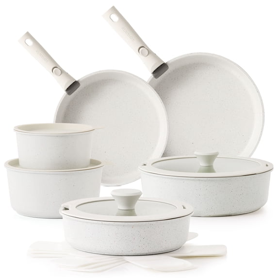 SENSARTE Nonstick Cookware Sets with Detachable Handles, 17Pcs Pots and Pans Set, Induction Kitchen Cookware Sets Stackable, White