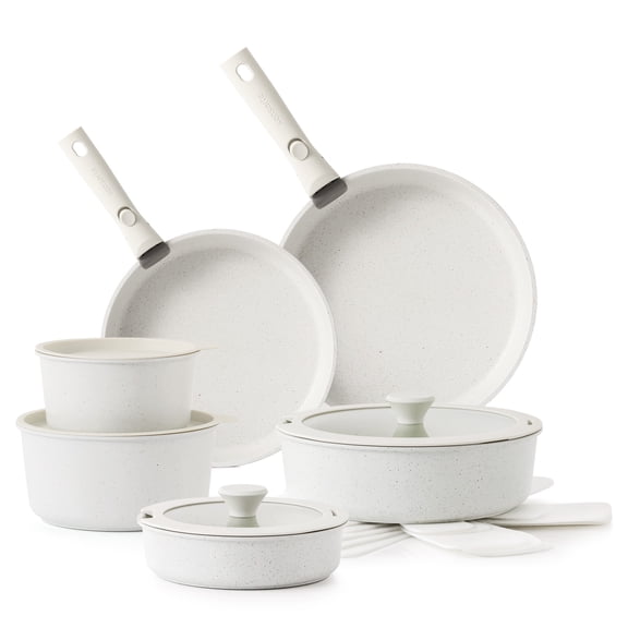 SENSARTE Nonstick Cookware Sets with Detachable Handles, 17Pcs Granite Pots and Pans Set, Induction Kitchen Cookware Sets Stackable White