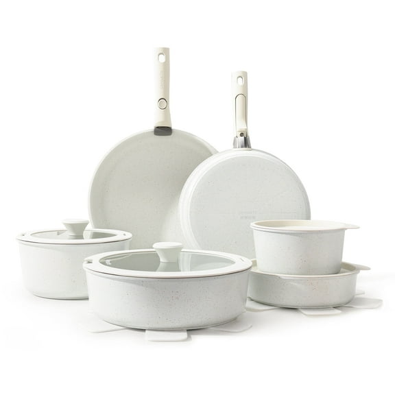 SENSARTE Nonstick Cookware Sets with Detachable Handles, 17Pcs Granite Pots and Pans Set, Induction Kitchen Cookware Sets Stackable White