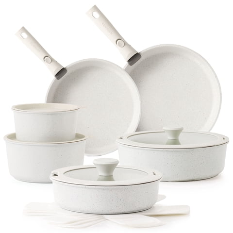 SENSARTE 17-Piece Nonstick Cookware Set with Detachable Handle, White Healthy Pots and Pans Set,Induction Compatible, Dishwasher/Oven Safe, Healthy Cooking Set for RV & Camping