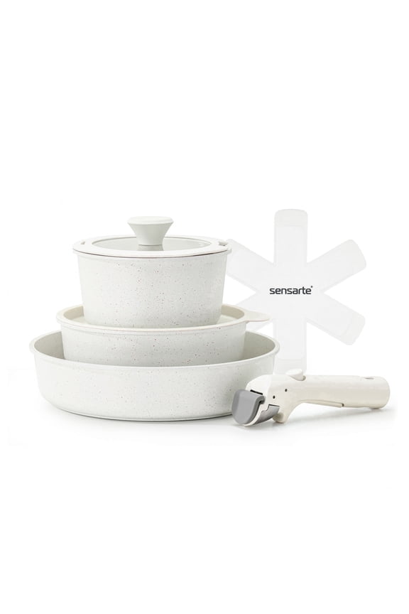 Nonstick Pots and Pans Set with Detachable Handle, 8Pcs Cookware Sets, Space Saving, Induction Compatible, Dishwasher/Oven Safe, White