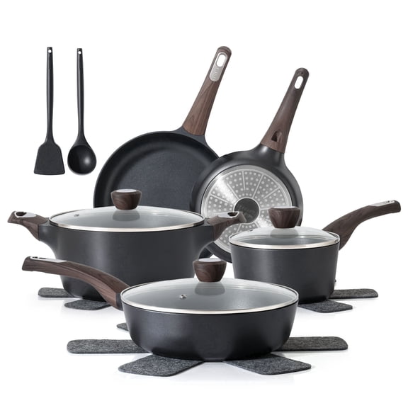 SENSARTE 13-Piece Nonstick Pots and Pans Set, Black Healthy Cookware Set, Kitchen Cooking Sets with Stay-Cool Handles, Induction Compatible, Stackable