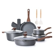 SENSARTE 17-Piece Granite Pots and Pans Set, Gray Nonstick Induction Cookware Set, Healthy Kitchen Cooking Sets with Stay-Cool Handles, Dishwasher & Oven Safe, Stackable
