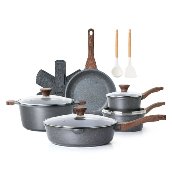 SENSARTE Nonstick Pots and Pans Set, 17 Pieces Granite Cookware Set Gray, Induction Compatible, Easy to Clean