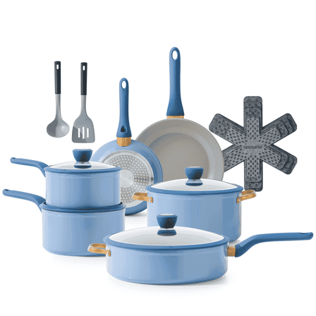 SENSARTE Nonstick Pots and Pans Set, 18Pcs Non Stick Cookware Sets, Induction Kitchen Cookware Sets Blue