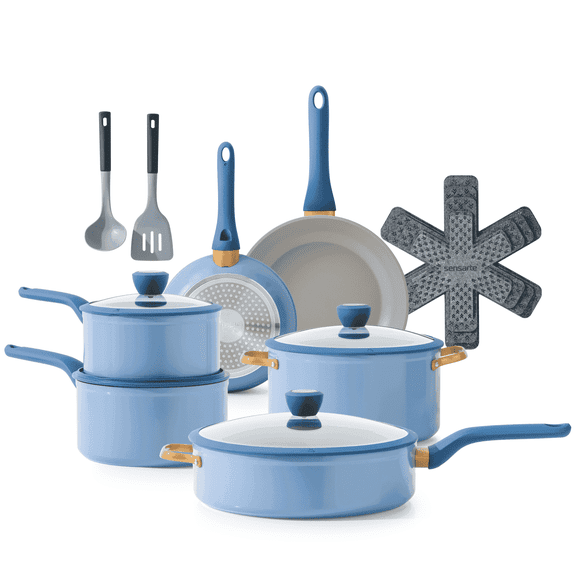 SENSARTE Nonstick Pots and Pans Set, 18Pcs Non Stick Cookware Sets, Induction Kitchen Cookware Sets Blue