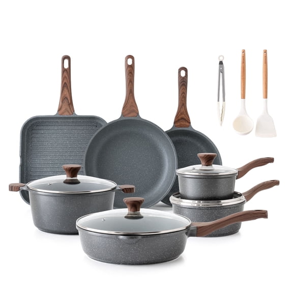 SENSARTE 21-Piece Granite Pots and Pans Set, Gray Nonstick Induction Cookware Set, Healthy Kitchen Cooking Sets with Stay-Cool Handles, Dishwasher & Oven Safe, Stackable