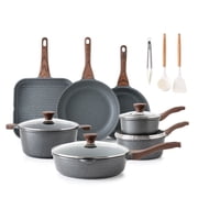 SENSARTE 21-Piece Granite Pots and Pans Set, Gray Nonstick Induction Cookware Set, Healthy Kitchen Cooking Sets with Stay-Cool Handles, Dishwasher & Oven Safe, Stackable