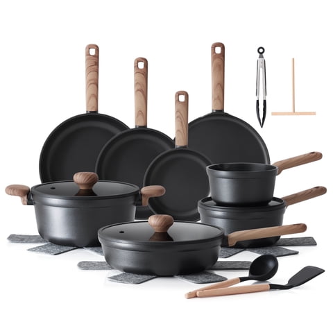 SENSARTE 24-Piece Nonstick Pots and Pans Set, Matte Black Titanium Induction Cookware Set, Healthy Kitchen Cooking Sets with Stay-Cool Handles, Dishwasher & Oven Safe, Stackable
