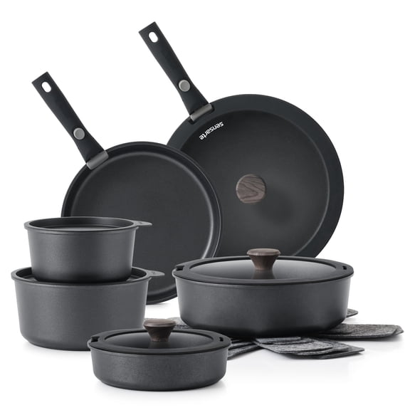 SENSARTE Nonstick Pots and Pans Set with Detachable Handle, 18Pcs Induction Kitchen Cookware Set Stackable, Dishwasher/Oven Safe, Black