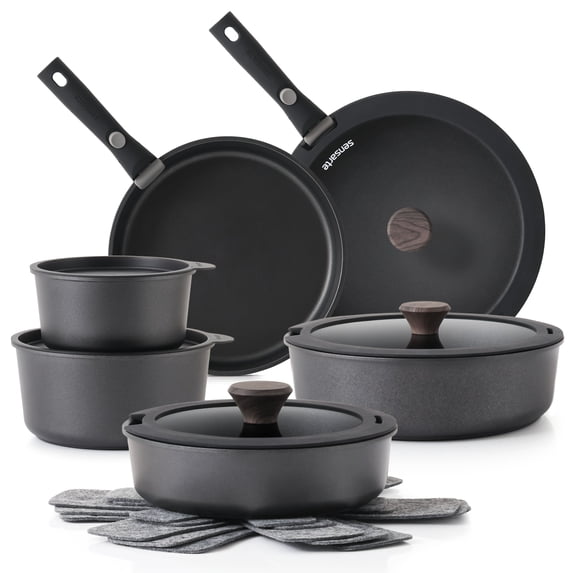 SENSARTE Nonstick Pots and Pans Set with Detachable Handle, 18Pcs Induction Kitchen Cookware Set Stackable, Dishwasher/Oven Safe, Black
