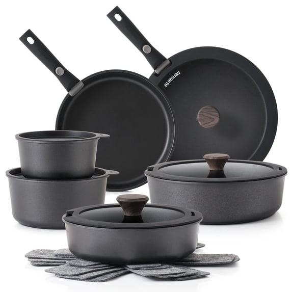 SENSARTE 18-Piece Cookware Set with Detachable Handle, Black Nonstick Pots and Pans Set, Induction Compatible, Dishwasher/Oven Safe, Healthy Cooking Set for RV & Camping