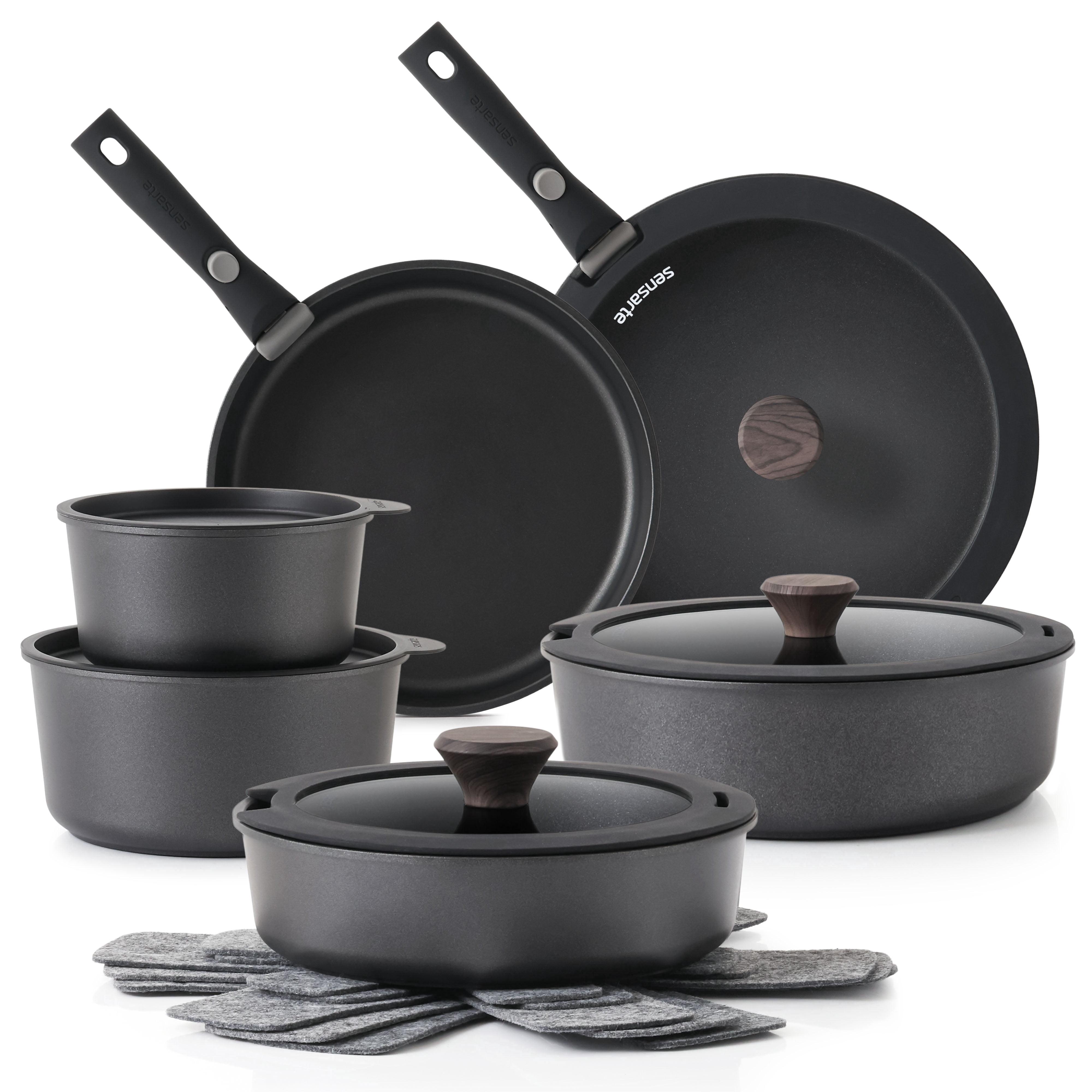 SENSARTE 18-Piece Cookware Set with Detachable Handle, Black Nonstick Pots and Pans Set, Induction Compatible, Dishwasher/Oven Safe, Healthy Cooking Set for RV & Camping
