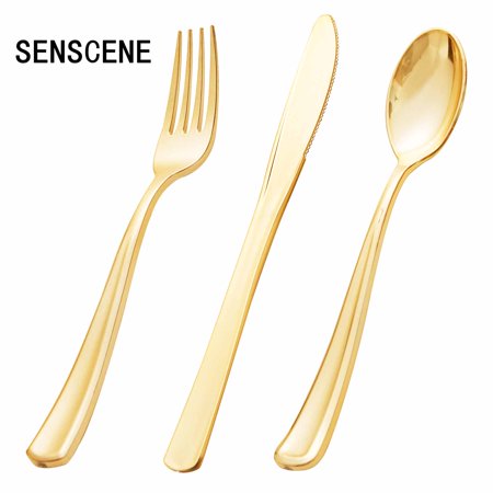 SENSCENE 180 PCS Plastic Gold Silverware Cutlery for Party Include 60 Forks, 60 Knives and 60 Spoons