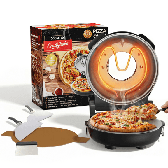 SENSCHEF 12-Inch CrustyBake Beginner's Ceramic Stone Pizza Oven: Quick 800°F Heating, Easy-Clean Design, Recipe Book & All Tools Included - Great for First-Time Pizza Makers at Home