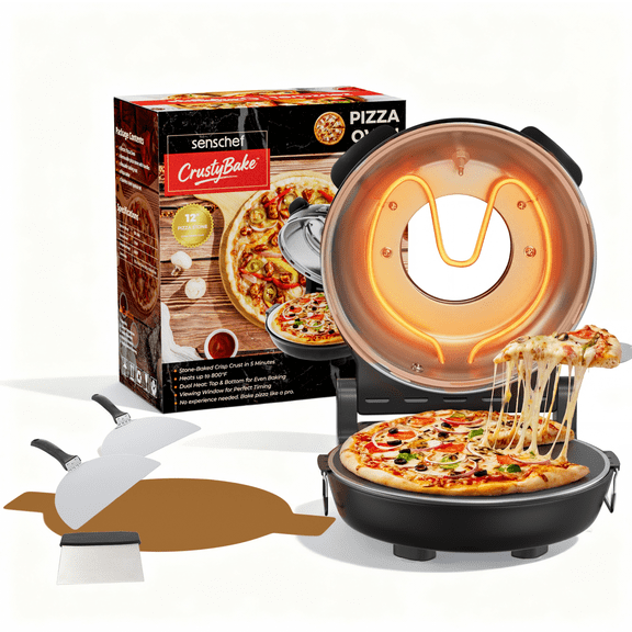 SENSCHEF 12-Inch CrustyBake Beginner's Glazed Stone Pizza Oven: Quick 800F Heating, Easy-Clean Design, Recipe Book & All Tools Included - Perfect for First-Time Pizza Makers at Home