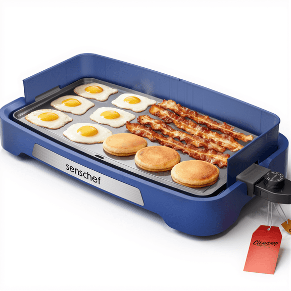 SENSCHEF Cleansnap Everyday Electric Griddle,The Ultimate Gift for Family Feasts - 20 Nonstick Grill with Foldable Anti-Mess Shield, Rapid 1700W Heat&PPG Ceramic Coating, Dishwasher Safe, Ocean Blue