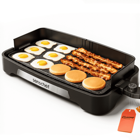 SENSCHEF Cleansnap Everyday Electric Griddle, The Ultimate Gift for Family Feasts - 20 Nonstick Grill with Foldable Anti-Mess Shield, Rapid 1700W Heat & ILAG Coating, Dishwasher Safe, Midnight Black