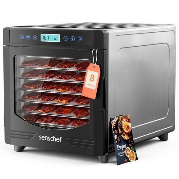 SENSCHEF Food Dehydrator for Jerky, 8 Stainless Steel Trays, 50% More Space in Same Size, 600W Power & 167F for Healthier Jerky & Pet Treats, Full Kit for Yogurt, Fruit & More, 1-Year Warranty