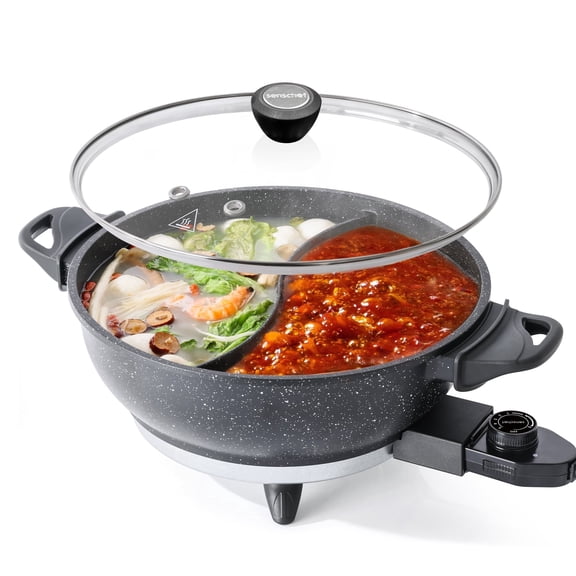 SENSCHEF TWIN™ Electric Hot Pot with Divider | EvenHeat Cast Aluminum Non-Stick Pot for No-Spot Cooking | 1500W Fast Heating | Dual-Flavor Shabu Shabu Pot for | 1-Yr Warranty | Granite Black