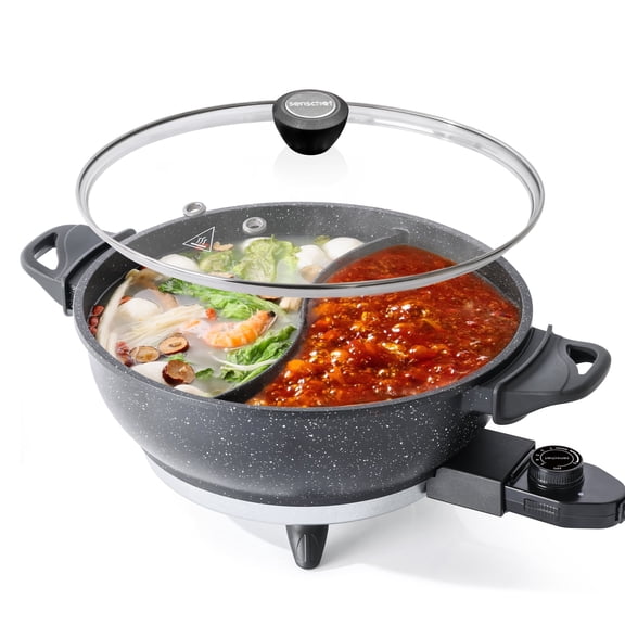 SENSCHEF TWIN Electric Hot Pot with Divider | EvenHeat Cast Aluminum Non-Stick Pot for No-Spot Cooking | 1500W Fast Heating | Dual-Flavor Shabu Shabu Pot for | 1-Yr Warranty | Granite Black