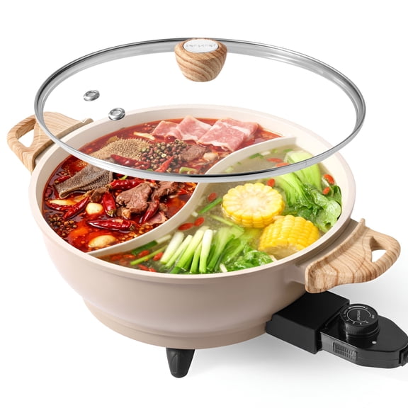 SENSCHEF TWIN™ Electric Hot Pot with Divider | Ceramic Nonstick Pot | EvenHeat Cast Aluminum Body | 1500W Fast Heating | Dual-Flavor Shabu Shabu Pots | 1-Yr Warranty | Ceramic Apricot