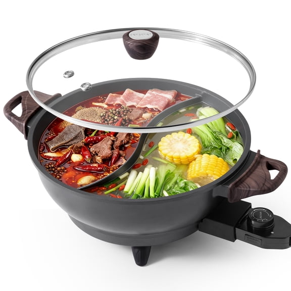 SENSCHEF TWIN Electric Hot Pot with Divider | Ceramic Nonstick Pot | EvenHeat Cast Aluminum Body | 1500W Fast Heating | Dual-Flavor Shabu Shabu Pots for Family Use | 1-Yr Warranty