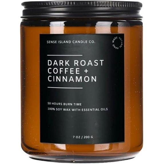 SENSE ISLAND Dark Roast Coffee with Cinnamon Scented Candle for Men&Women | Natural Soy Wax 7 oz, up to 50 Hrs Burn Time Highly Scented House Warming Gifts