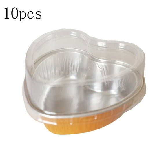 SENSHENGXIN 10Pcs 100Ml Tin Foil Aluminum Foil Pudding Cup with Lid Heart-Shaped Disposable Mini Mousse Cupcake Containers Baking Mould Gold