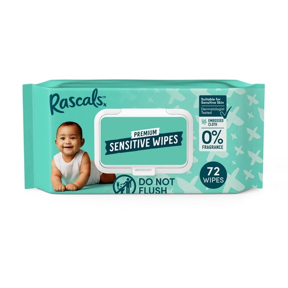 Rascals Premium Sensitive Alcohol Free Baby Wipes, 72 Count