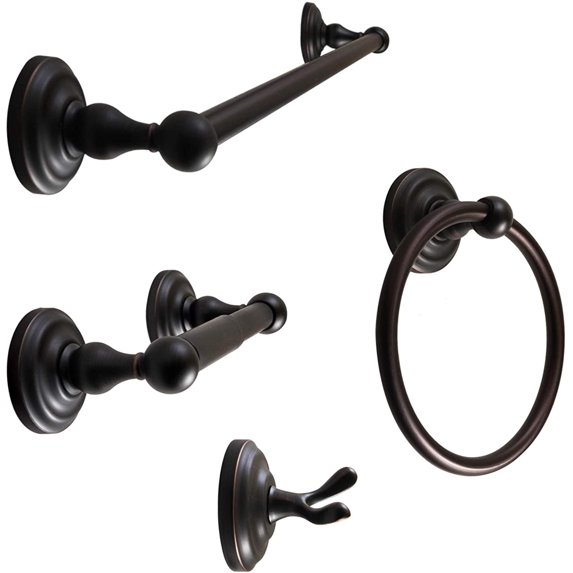 SENTO ROBIKI Modern Bathroom Accessories Set, Heavy Duty Metal Bath Hardware Set Wall Mounted, Includes Robe Hook, Standard Toilet Paper Holder, Towel Ring, 24” Towel Bar (4-Piece, Oil-Rubbed Bronze)