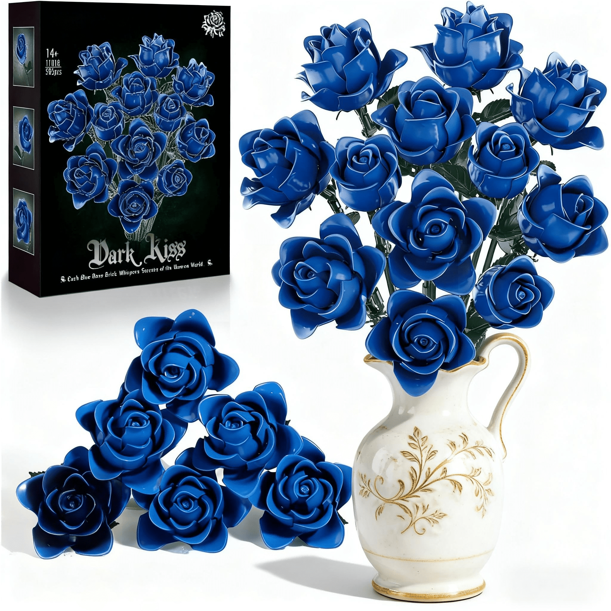 SENVOBK Blue Roses Bouquet Building Block Set Preserved Roses Artificial Flowers Mothers Day Christmas Valentine's Day Gift for Her(585Pcs)