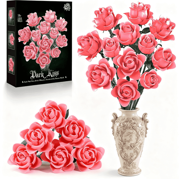SENVOBK Pink Roses Bouquet Building Block Set Preserved Roses Artificial Flowers Mothers Day Gift for Her(585Pcs)