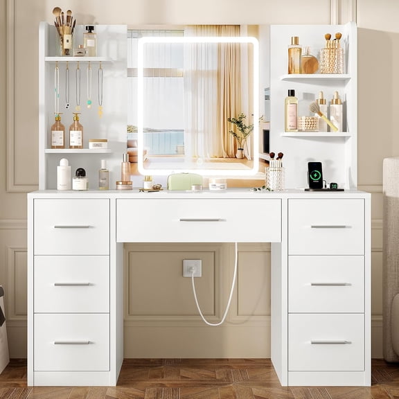 SENYUM Large Vanity Desk with LED Lighted Mirror & Power Outlet,Makeup Vanity Table with 7 Drawers,4 Shelves and 5 Hooks,Vanity Table, Vanity Desk Set for Bedroom,Bathroom