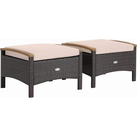 SENYUM Upgrade 2 Piece Patio Rattan Ottomans, Outdoor Wicker Footstool w/Acacia Wood Handles, Soft Zippered Cushions, 3-in-1 Function Footstool Seat & Side Table for Backyard, Balcony, Poolside