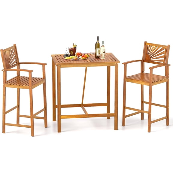 SENYUM Upgrade 3 Piece Patio Bar Table & Chairs, Outdoor Wood Bar Set w/Slatted Seat & Tabletop, Wood Dining Bar Set w/Backrest, Armrests & Footrest for Backyard, Poolside, Balcony