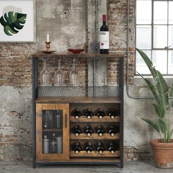 SENYUM Upgrade 3 Tier Wine Bar Cabinet, Adjustable Storage, Liquor Rack, Glass Holder, Mesh Door, Multi Functional Coffee Bar Sideboard Buffet for Home, Dining Room