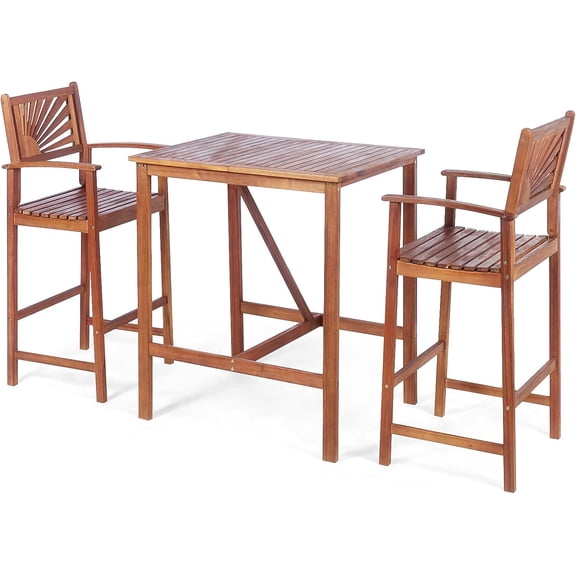 SENYUM Upgrade 3PCS Bar Table Set, Outdoor Acacia Wood Dining Set, Spacious Tabletop, Comfortable Backrest, Suitable for Sunroom, Backyard, Balcony, Space-Saving Design