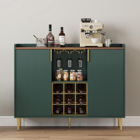 SENYUM Upgrade 48" Wine Bar Cabinet with Fluted Texture, Modern Buffet Sideboard with Wine Rack and Glass Holder, Liquor Coffee Station with Storage for Kitchen, Living Room, Home Bar
