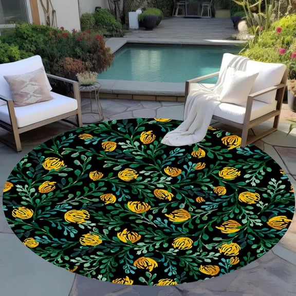 SENYUM Upgrade Abstract Floral Modern Waterproof Round Outdoor Rug for Backyard Garden Patio Deck Balcony Porch Reversible Circle RV Camping Carpet Kitchen Laundry Bathroom Floor Rug Mat