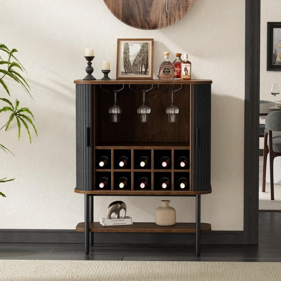 SENYUM Upgrade Coffee Bar Cabinet with Storage, Fluted Wine Cabinet with Sliding Doors, Glass Holder and Wine Rack, Buffet Sideboard Liquor Cabinet for Kitchen, Dining Room, Living Room