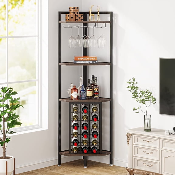 SENYUM Upgrade Corner Wine Rack with Glass Holder and Storage Shelves, 4 Tier Corner Bar Corner Wine Cabinet, Industrial Corner Wine Shelf for Living Room, Small Space